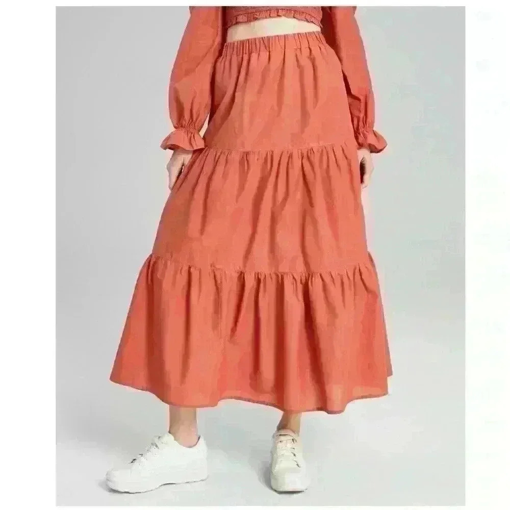 And Now This Womens 100% Cotton Tiered Pull-On Maxi Skirt Rose Gold Size S Boho - Picture 2 of 13